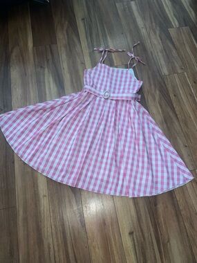 Girls Pink Gingham Tie-Shoulder Belted Party Dress